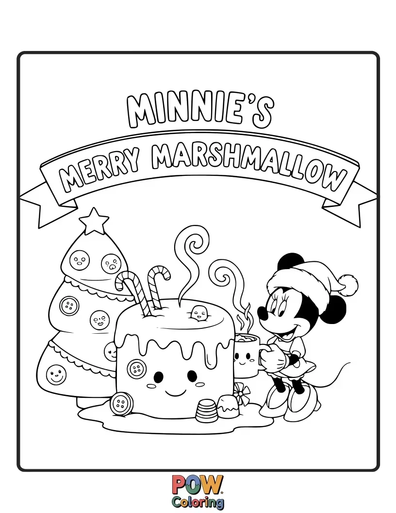 Free coloring page of Minnie Mouse is delighted by a giant marshmallow floating on her hot cocoa.