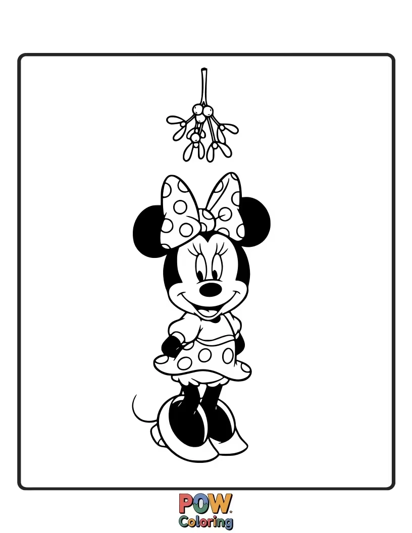 Free coloring page of Minnie Mouse is caught under the mistletoe, looking sweet and ready for a holiday kiss.