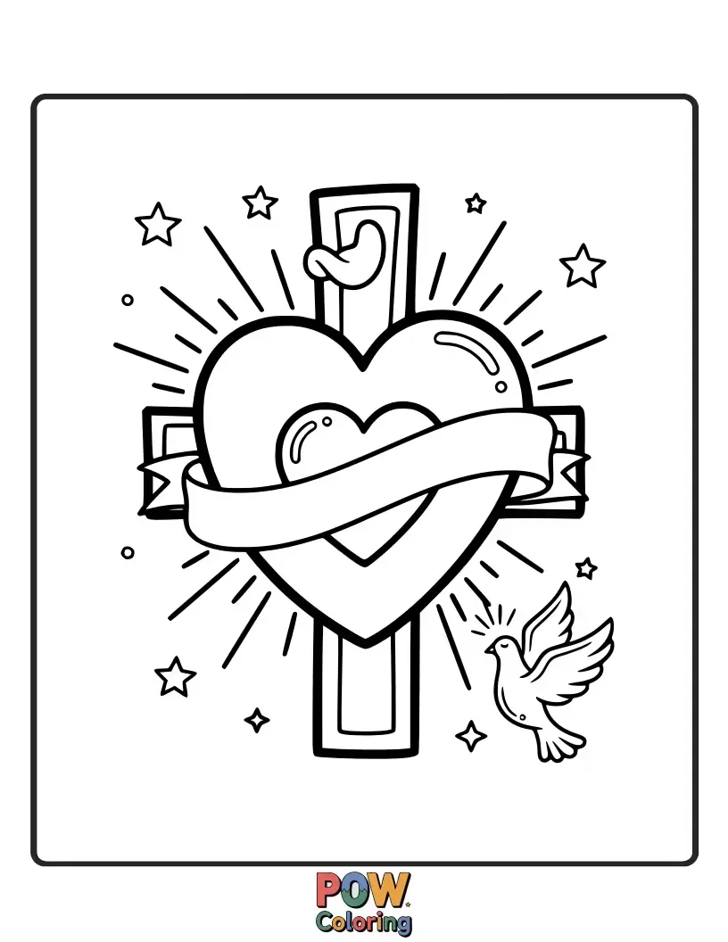 Free coloring page of A stunning cross intricately designed with swirling hearts and beautiful filigree, a symbol of divine love.