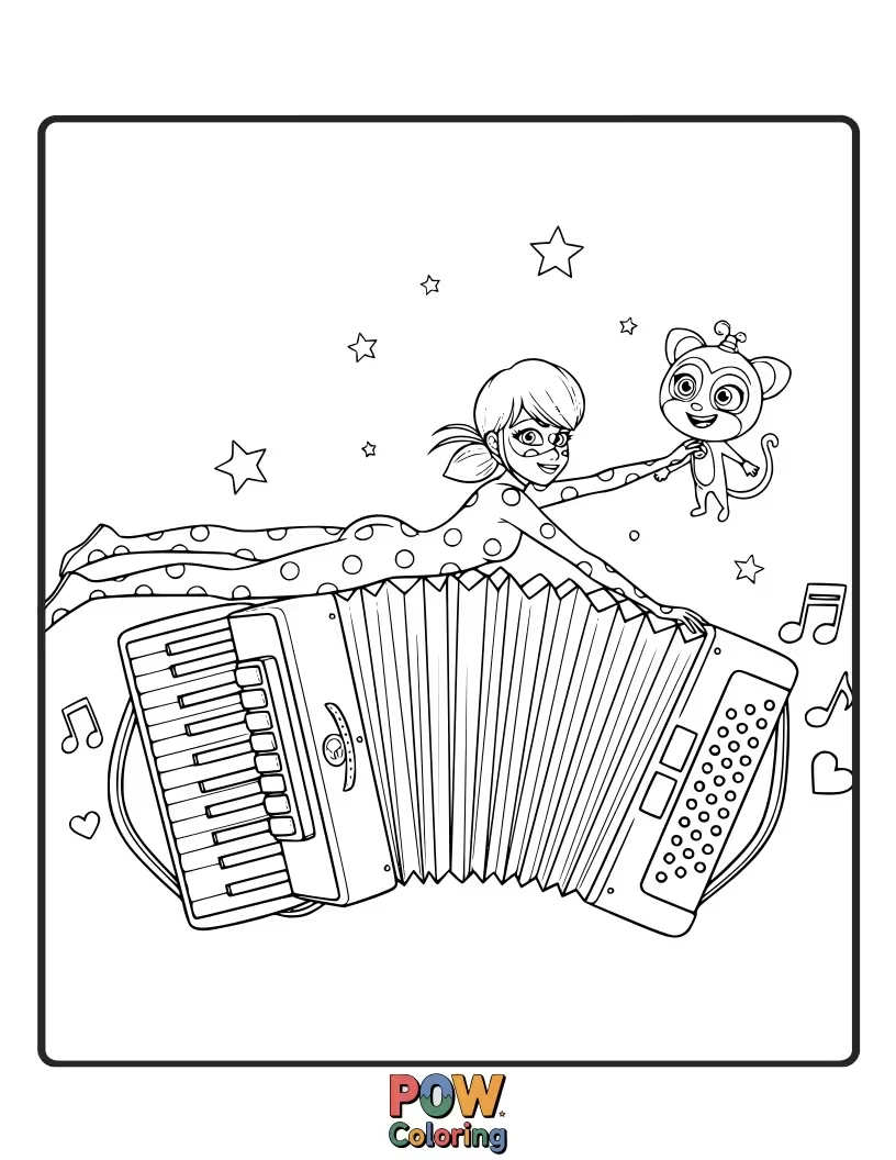 Free coloring page of Alya is playing a ridiculously long accordion, almost hitting everyone with it.