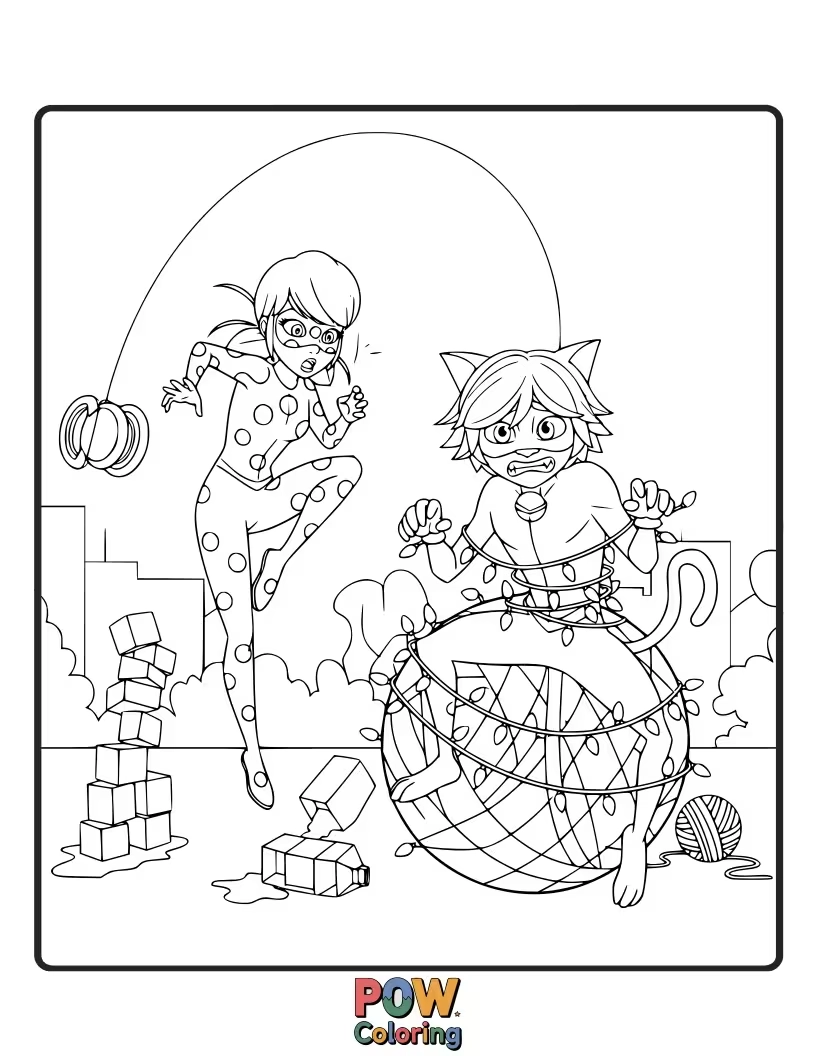 Free coloring page of Cat Noir is stuck in a giant ball of yarn, looking utterly bewildered and tangled. Ladybug giggles from above.