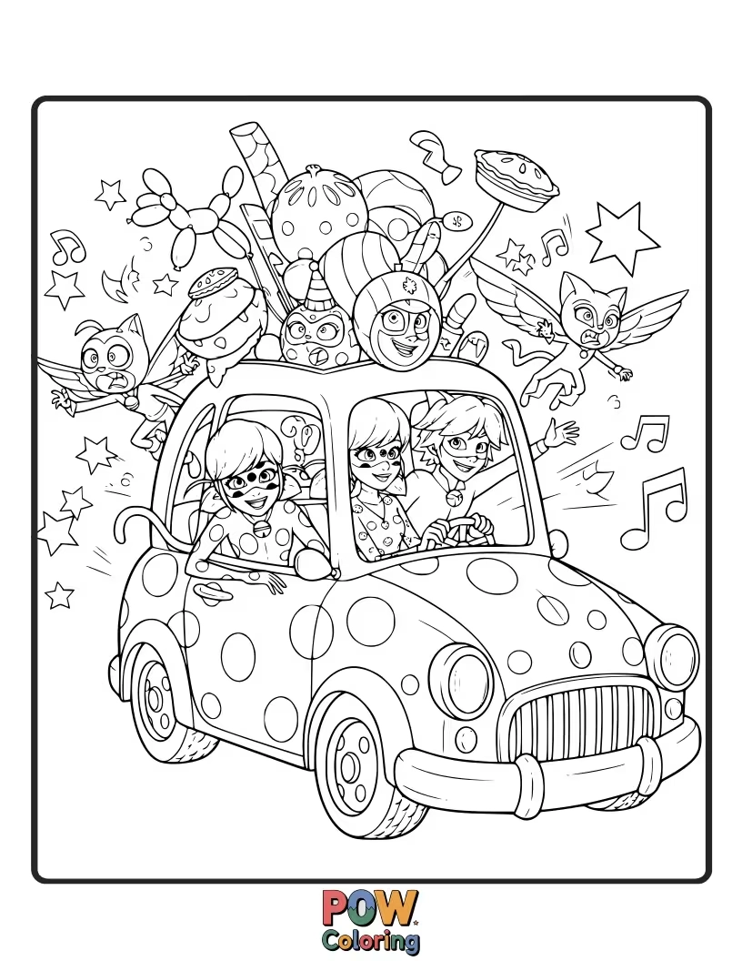 Free coloring page of Ladybug and Cat Noir are squeezed into a tiny clown car, looking uncomfortable.