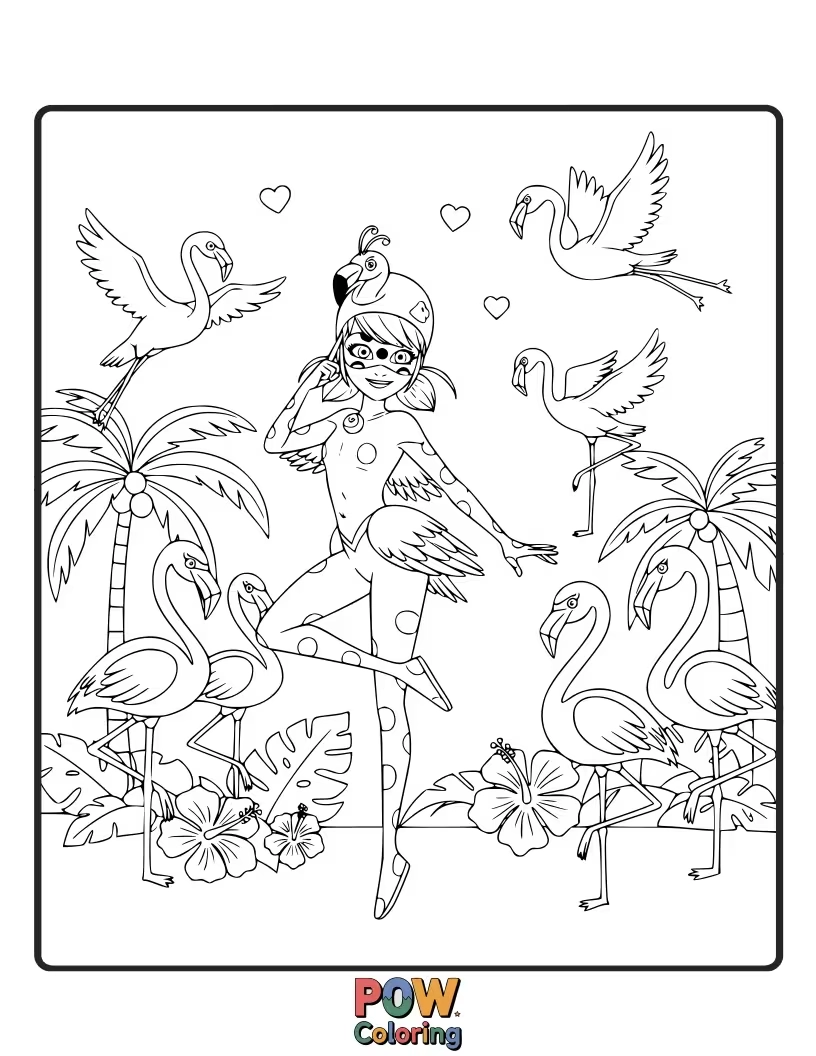 Free coloring page of Cat Noir is trying to fly using a pair of oversized flamingo wings.