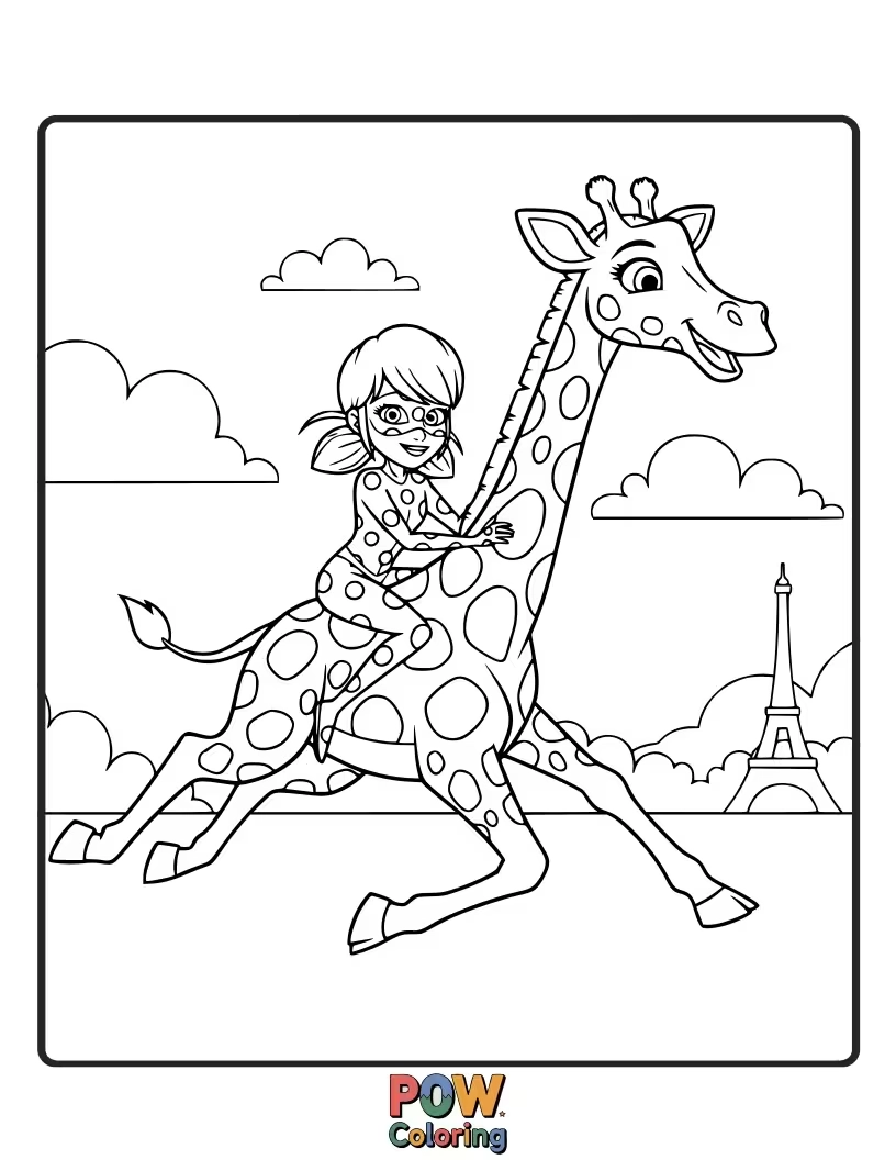 Free coloring page of Cat Noir is trying to race a surprisingly fast giraffe.