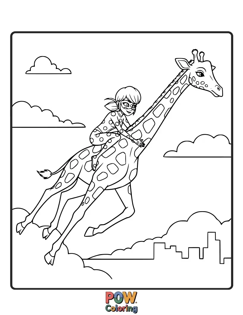 Free coloring page of Ladybug is trying to swing from a very tall, confused giraffe.