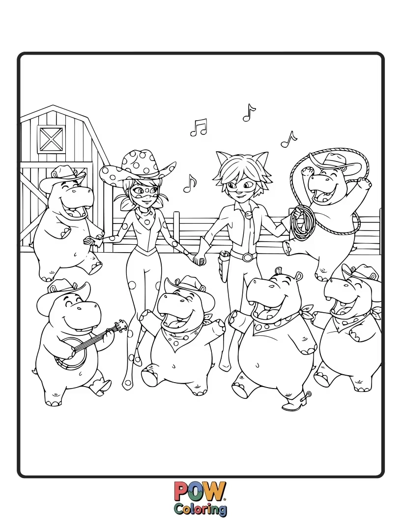 Free coloring page of Ladybug is attempting to lead a group of dancing hippopotamuses.