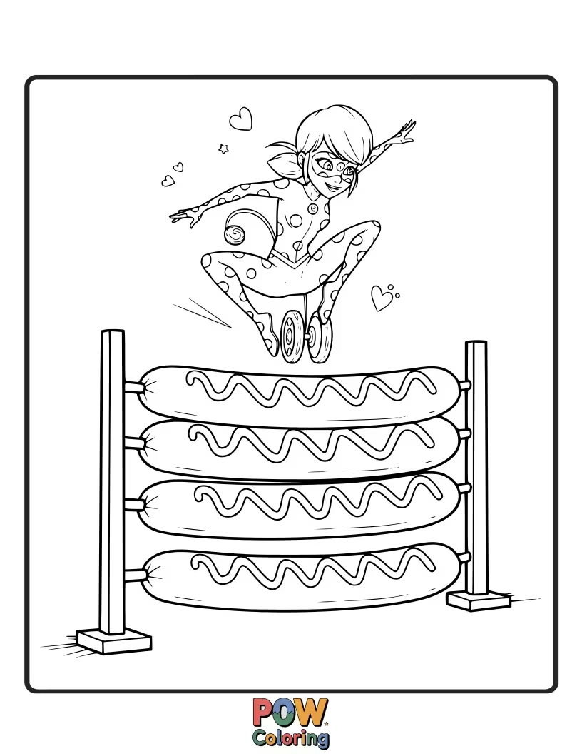 Free coloring page of Adrien is trying to jump over a comically large, runaway hotdog.