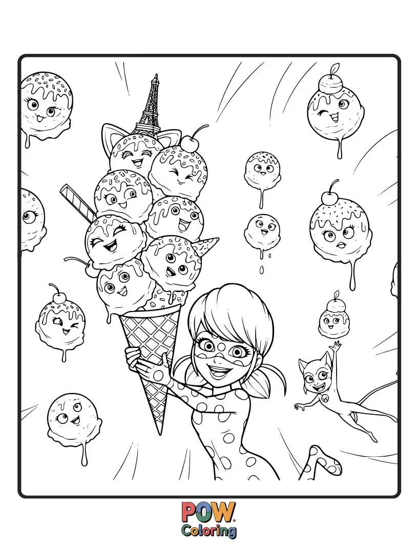 Free coloring page of Cat Noir's ice cream cone has melted and is dripping all over him in a comical fashion.