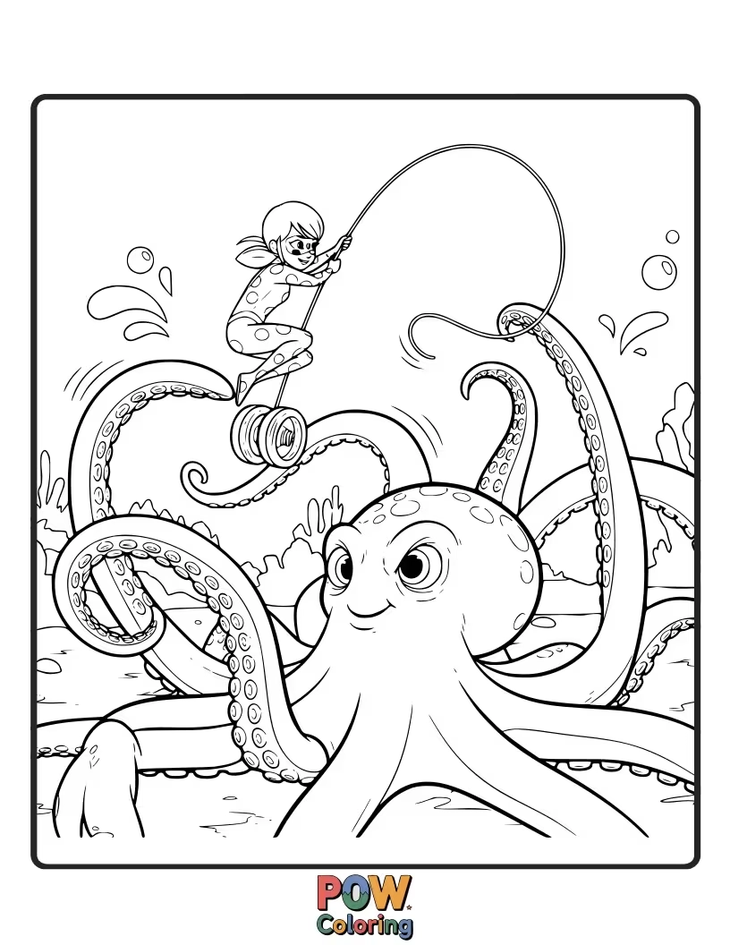 Free coloring page of Ladybug is trying to navigate through a maze made of giant rubber ducks.