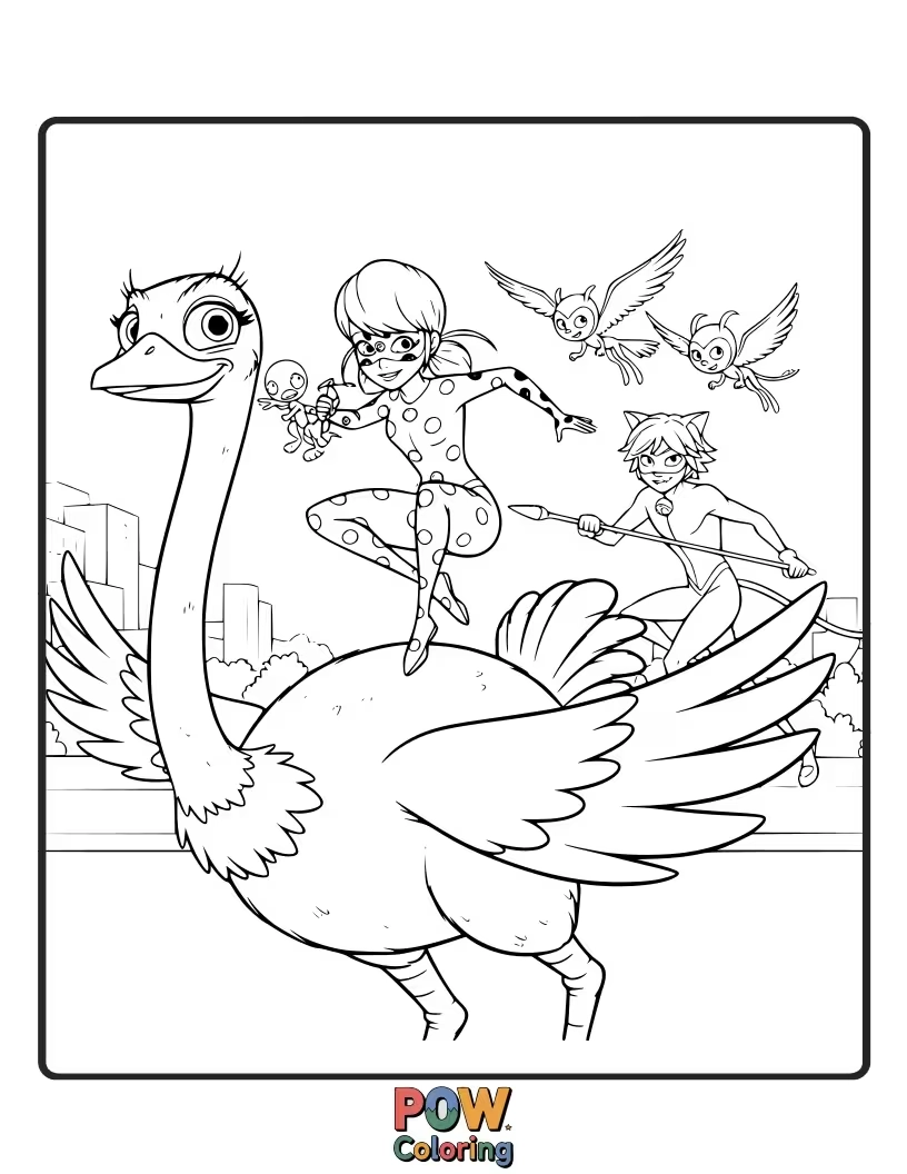 Free coloring page of Ladybug is trying to leap over an enormous, startled ostrich.