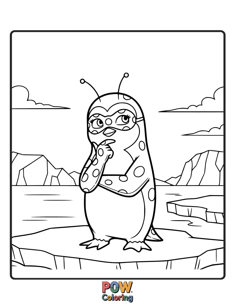 Free coloring page of Plagg is dressed as a penguin, looking very serious and contemplating fish.