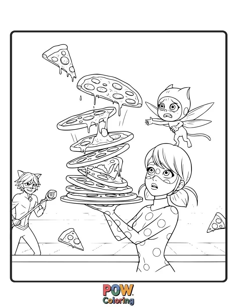 Free coloring page of A pizza delivery guy is overwhelmed by Ladybug and Cat Noir trying to grab a slice mid-air.