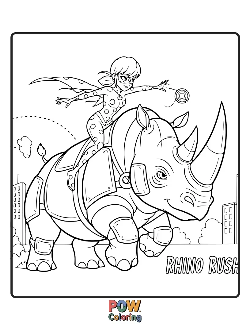 Free coloring page of Ladybug is majestically riding an rogue rhinoceros.
