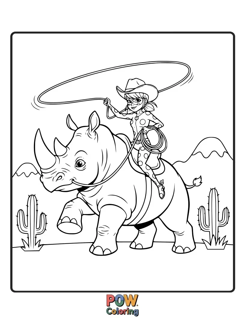 Free coloring page of Ladybug is attempting to ride a surprisingly gentle, akumatized rhinoceros.