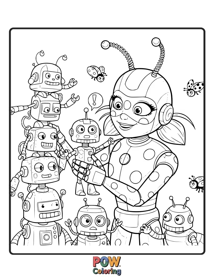 Free coloring page of Marinette's new invention is a wobbly robot that keeps tripping over its own feet.