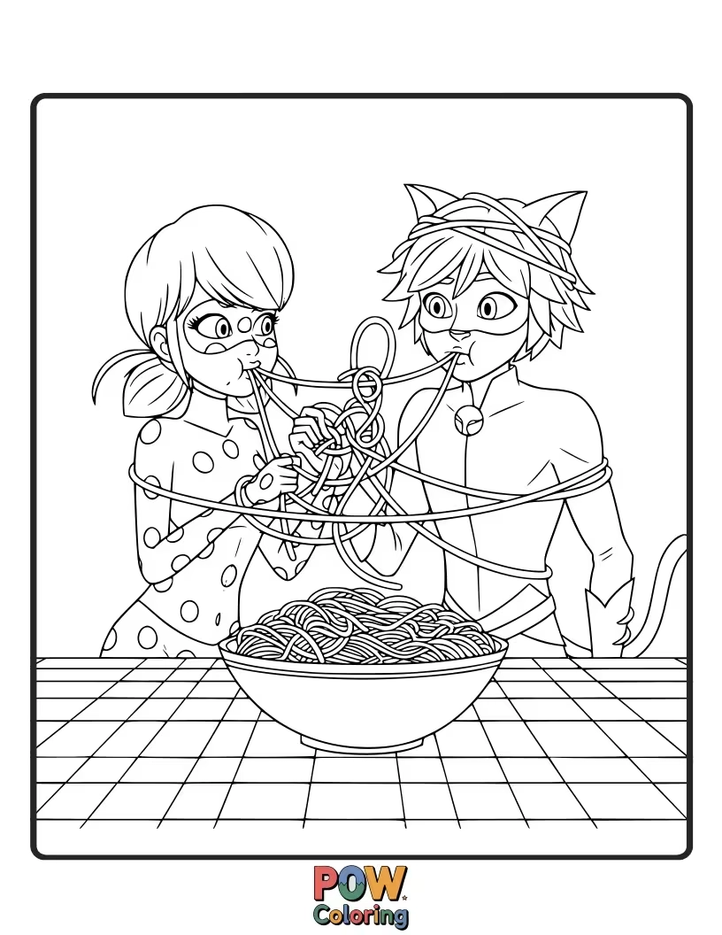 Free coloring page of Marinette is tangled in a giant plate of spaghetti, looking stressed.