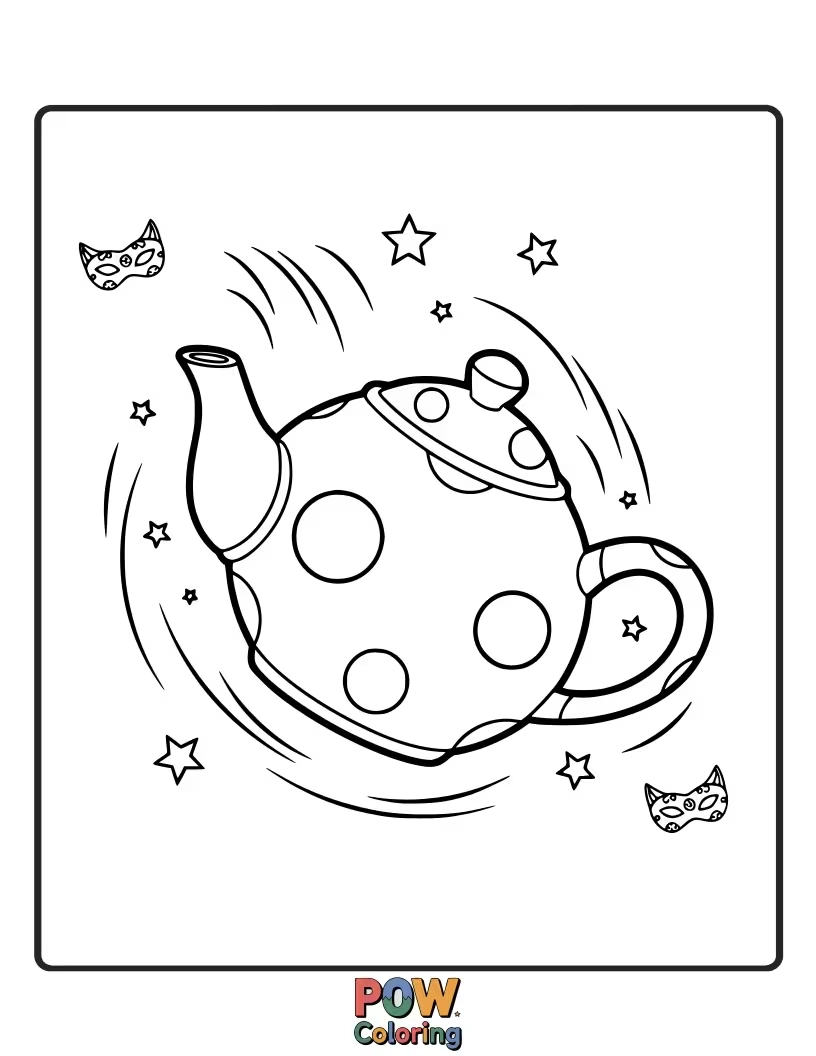 Free coloring page of Cat Noir accidentally knocks over a giant teapot, creating a tea tsunami.