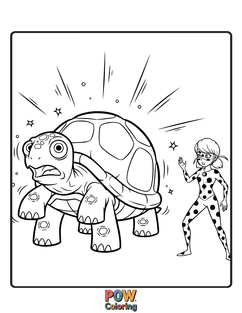 Free coloring page of Master Fu is being chased by a tiny, angry turtle wearing a Miraculous.