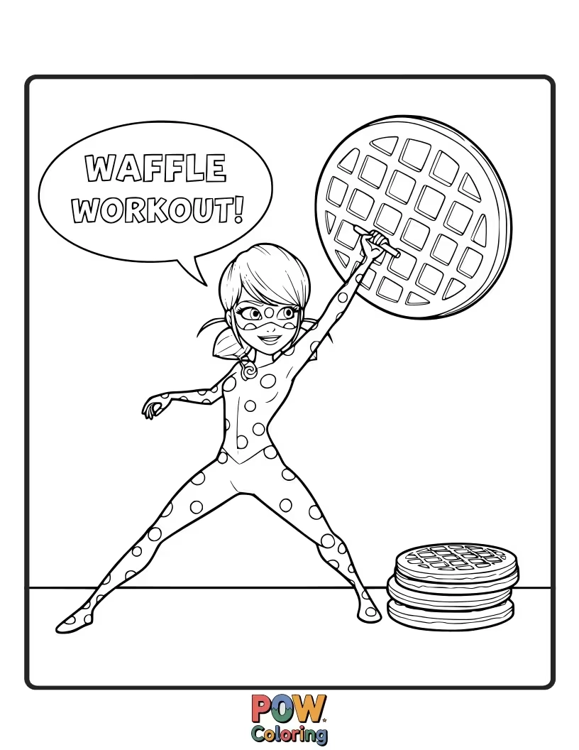 Free coloring page of Marinette is trying to do a workout routine using giant waffles as weights.