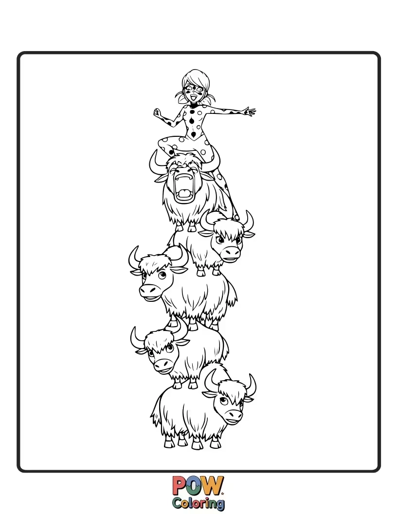 Free coloring page of Cat Noir is trying to calm down a very loud, akumatized yak.