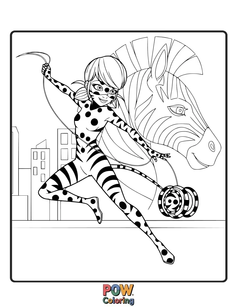 Free coloring page of Ladybug is trying to direct a chaotic parade of zebras.