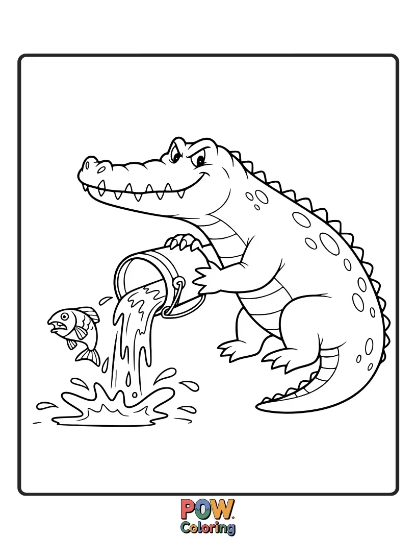 Free coloring page of A mischievous baby crocodile about to play a gentle prank, holding a bucket of water.