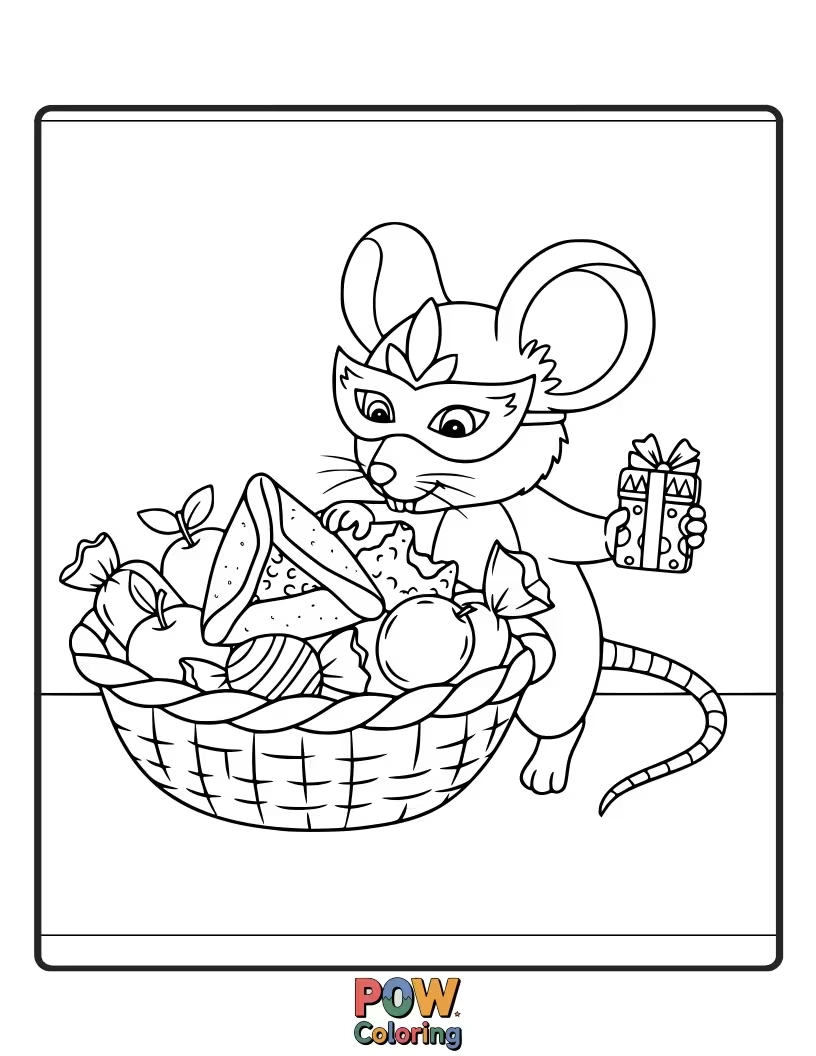 Free coloring page of A tiny mouse is struggling to carry a comically large bag of mishloach manot (Purim gift baskets). So much to share!