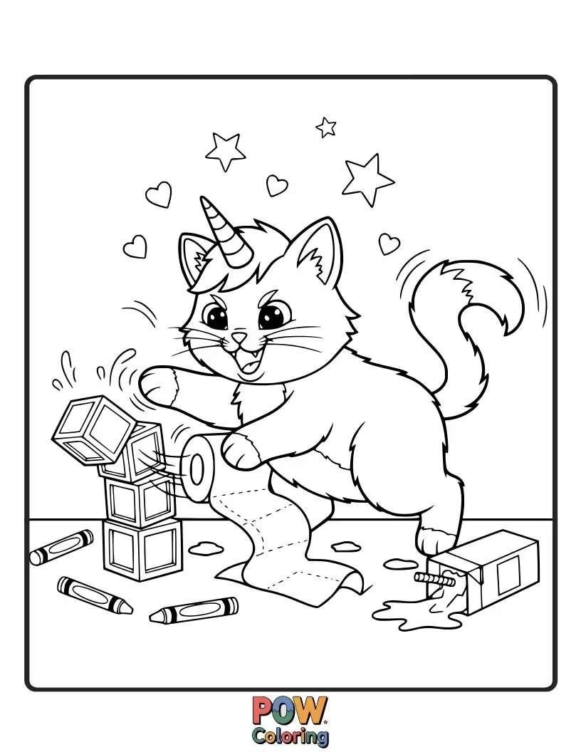 Free coloring page of A cunning unicorn cat hiding behind a giant lollipop, with a playful glint in its eye and a few scattered candies.