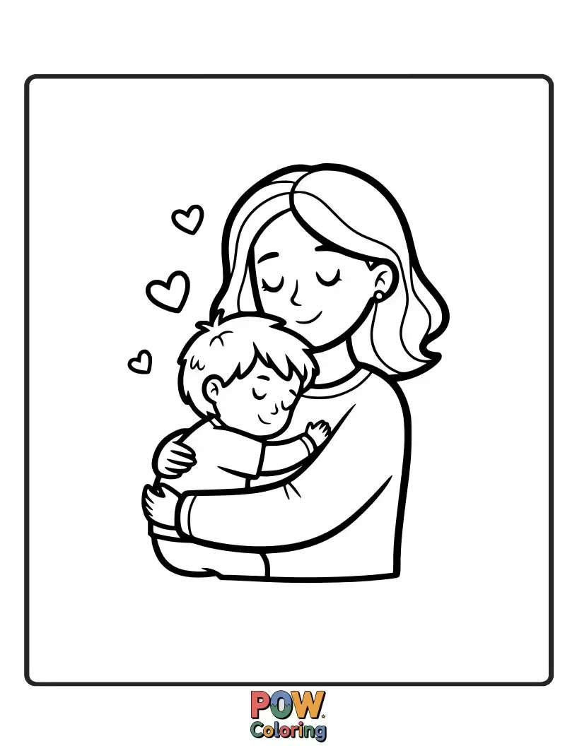 Free coloring page of A child wrapped snugly in mom's arms, surrounded by soft, fluffy clouds. The ultimate feeling of safety and love.