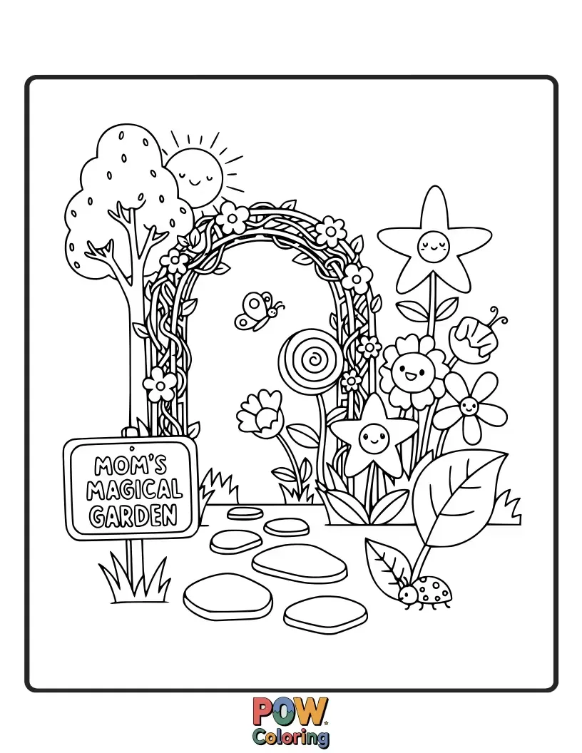 Free coloring page of A whimsical garden where plants grow into hearts and butterflies have wings shaped like flowers. Enchanting and fantastical.