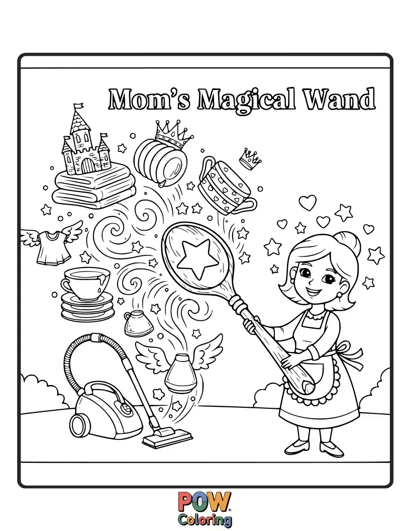 Free coloring page of A mom with a sparkling wand, making flowers bloom and hearts appear. Represents her ability to create magic.
