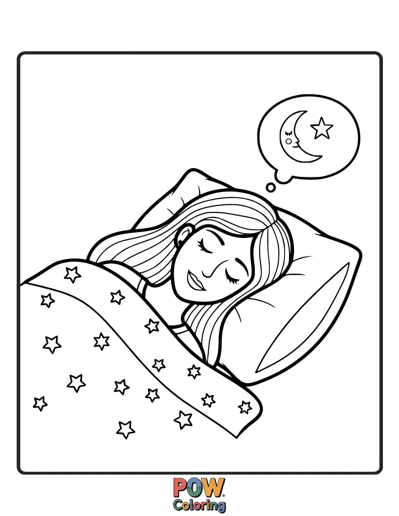 Free coloring page of A serene mom sleeping peacefully in a cozy bed, surrounded by soft blankets and a gentle moon. Sweet dreams for mom.