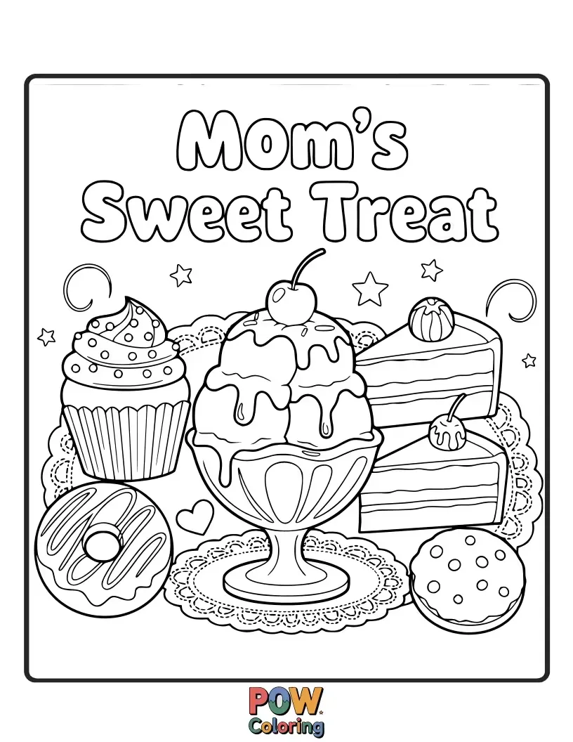 Free coloring page of A beautifully decorated cake with "Mom" written on top, surrounded by strawberries and frosting swirls. A delicious tribute.