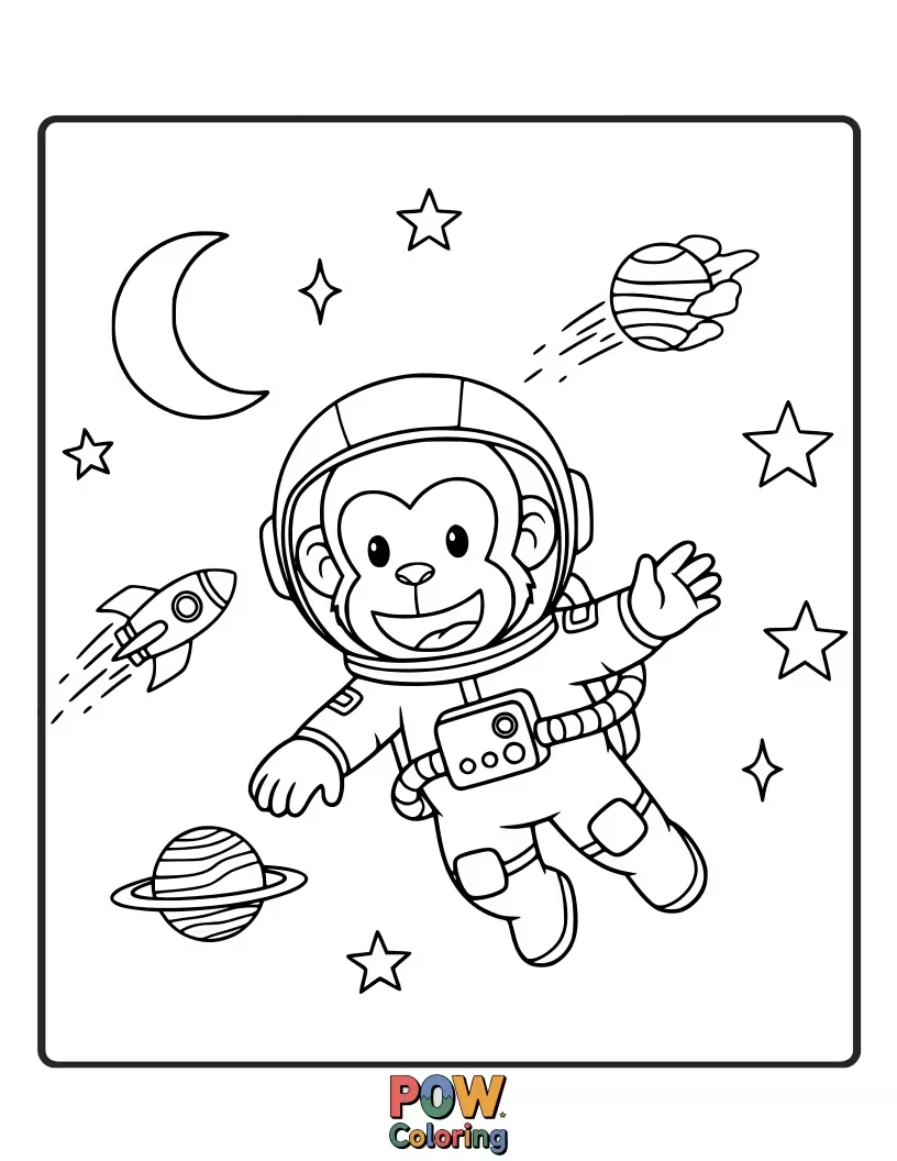 Free coloring page of A brave monkey in a space helmet floats amongst the stars, exploring the cosmos with wonder and curiosity.