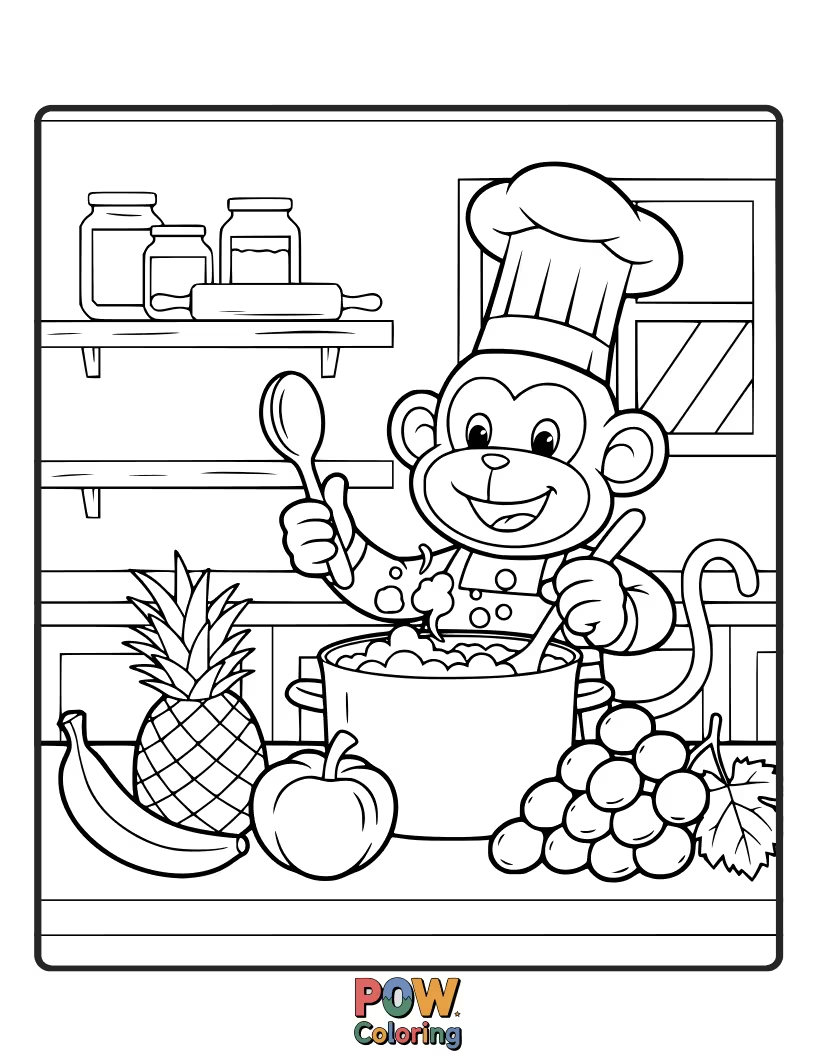 Free coloring page of A monkey wearing a chef's hat joyfully juggles fruits, preparing a hilarious and delicious jungle feast.