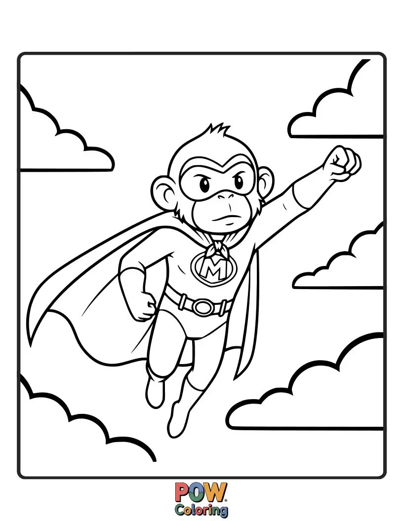 Free coloring page of A powerful monkey, cape flowing, soars through the sky ready to save the day with super strength and courage.