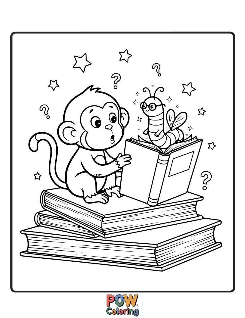 Free coloring page of A studious monkey with glasses is engrossed in a giant, open book, lost in tales of adventure and knowledge.