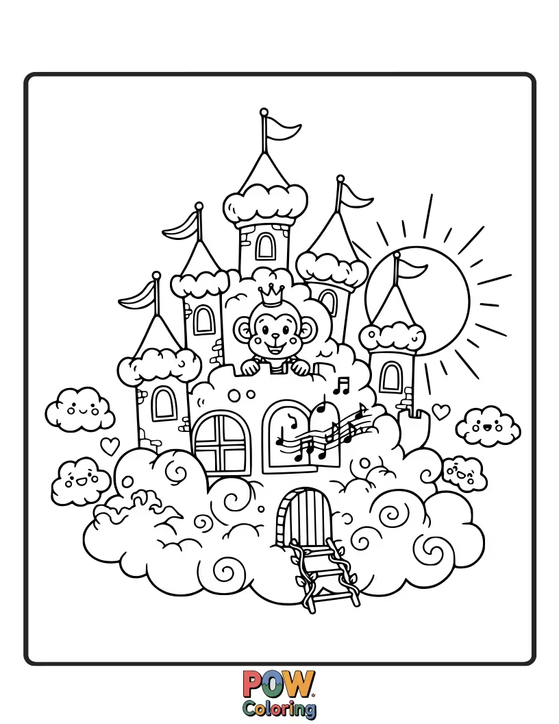 Free coloring page of A whimsical monkey builds a magnificent castle on a fluffy cloud, surrounded by rainbows and dreams.