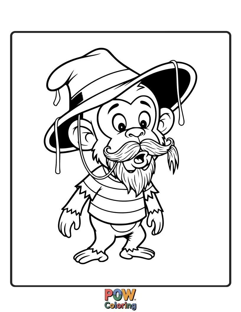 Free coloring page of A monkey wearing oversized glasses and a funny hat has a surprised look, caught in a silly attempt at a disguise.