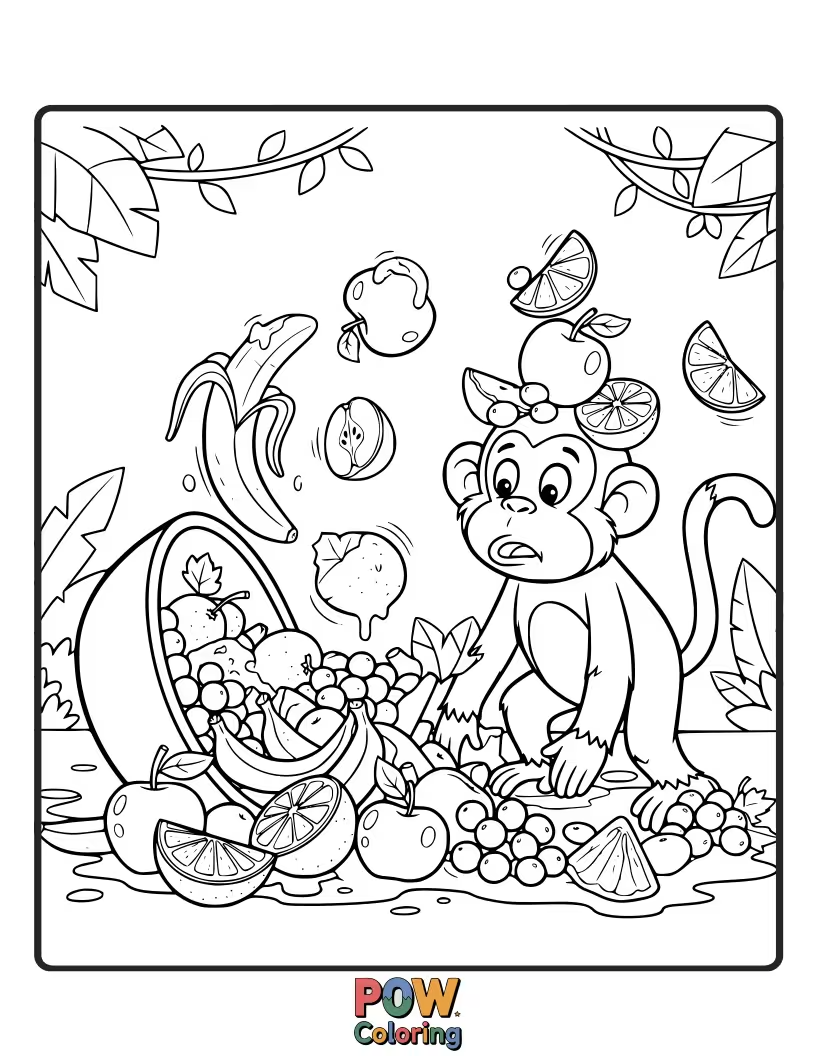 Free coloring page of A messy monkey is covered in fruit pulp, having made a hilariously chaotic attempt at creating a fruit salad.