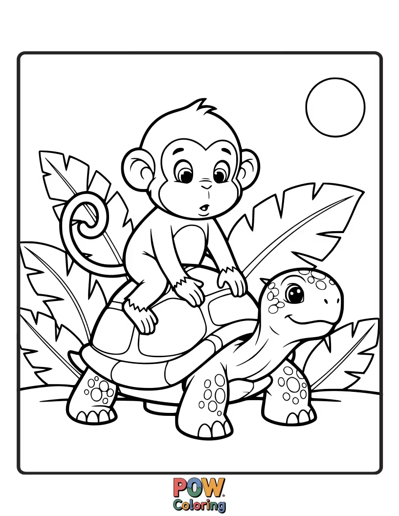 Free coloring page of A kind monkey tenderly offers a juicy banana to a small, shy bird, illustrating friendship and sharing.