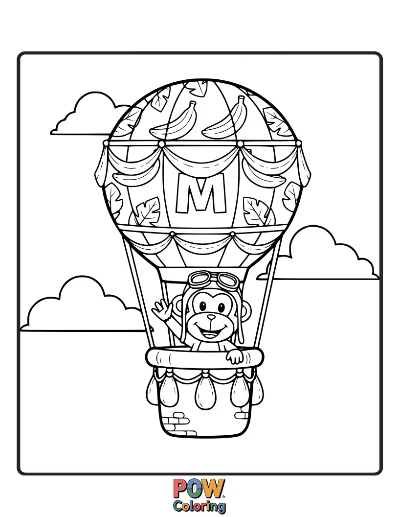 Free coloring page of A happy monkey steers a colorful hot air balloon over a scenic landscape, enjoying a breathtaking aerial view.