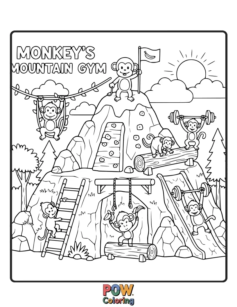 Free coloring page of A playful monkey swinging through jungle gym equipment suspended from vines, reaching for a banana-shaped dumbbell.
