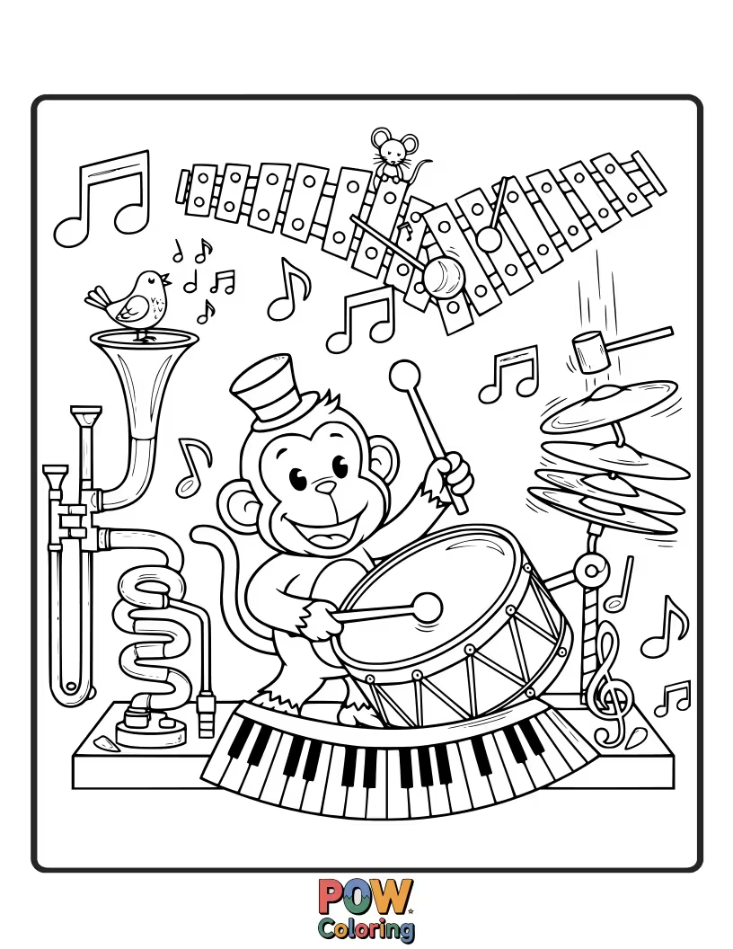 Free coloring page of A talented monkey plays a whimsical jungle instrument, its melodies filling the air with magical jungle tunes.