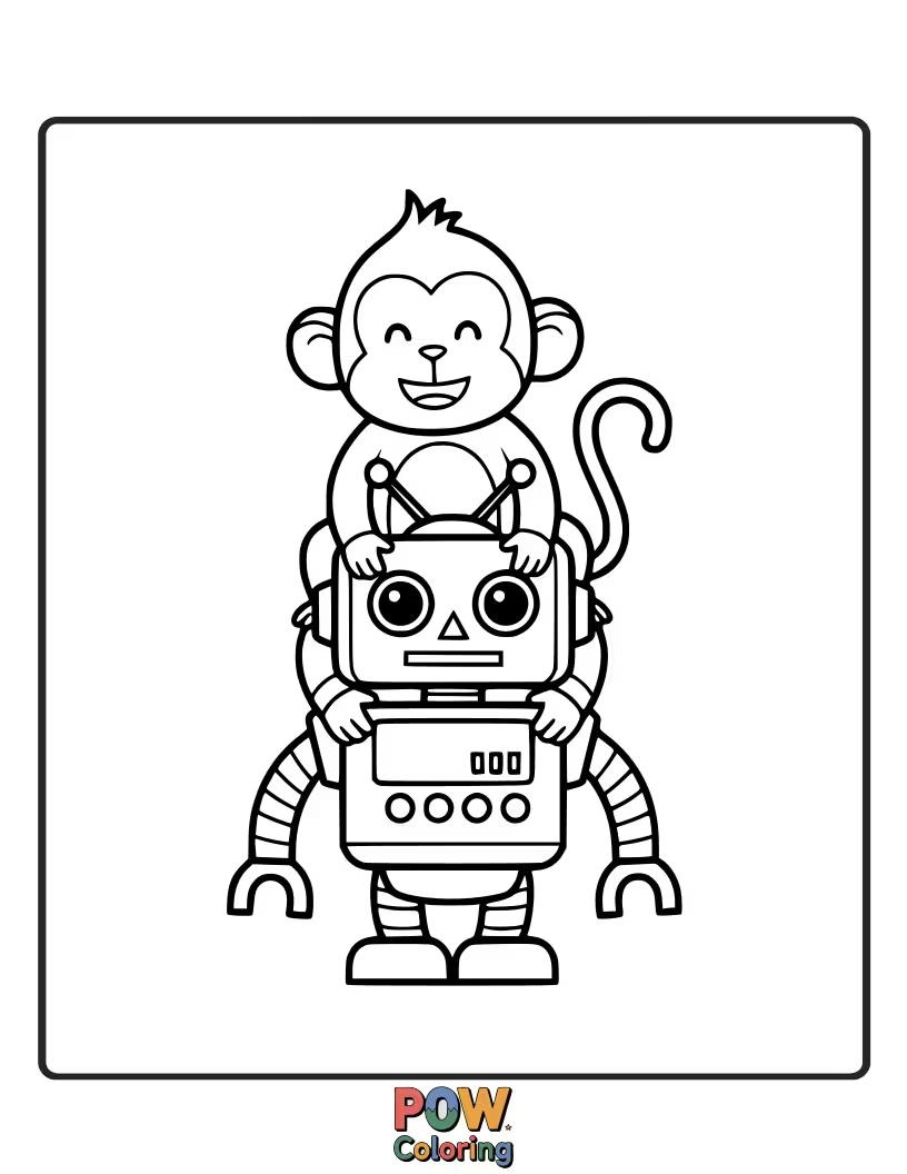 Free coloring page of A friendly monkey befriends a clunky, cute robot, sharing adventures and discovering the joys of technology.