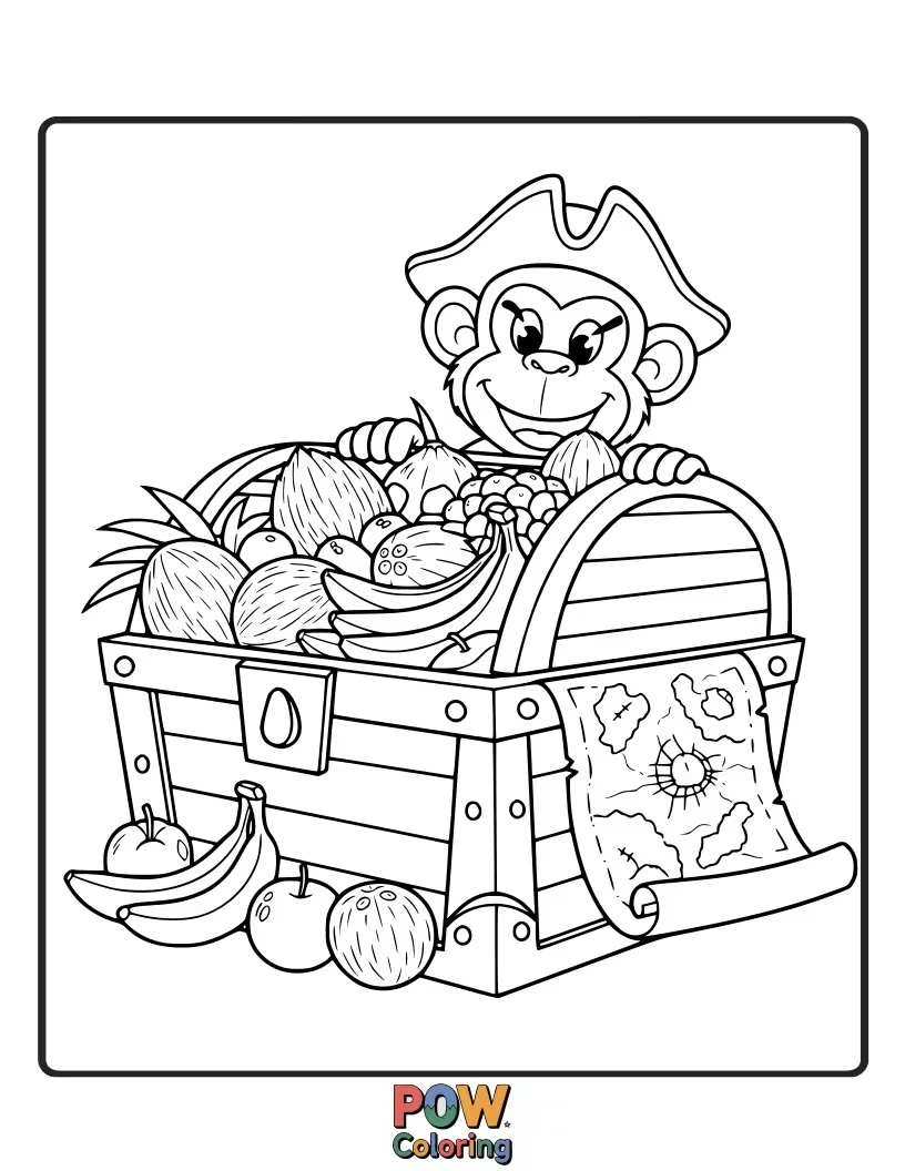 Free coloring page of A cheeky monkey guard sits protectively over a huge pile of bananas, looking proud of its impressive hoard.