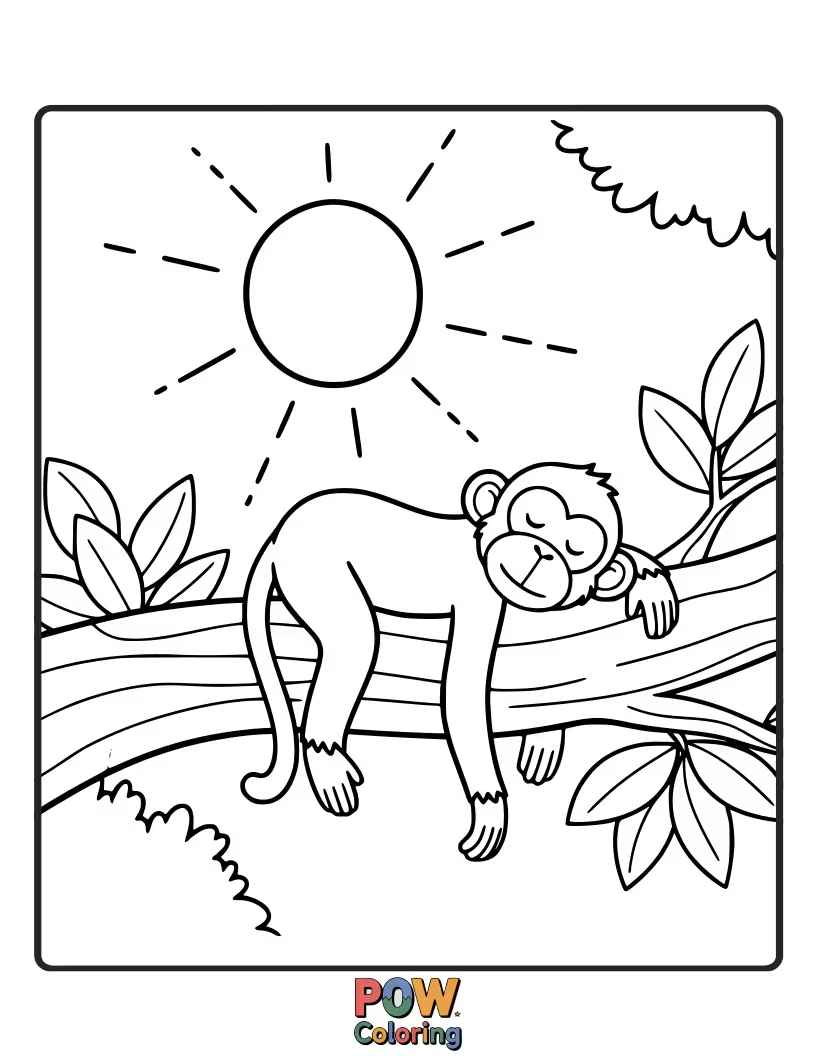 Free coloring page of A content monkey naps peacefully in a sunbeam filtering through jungle leaves, radiating warmth and relaxation.