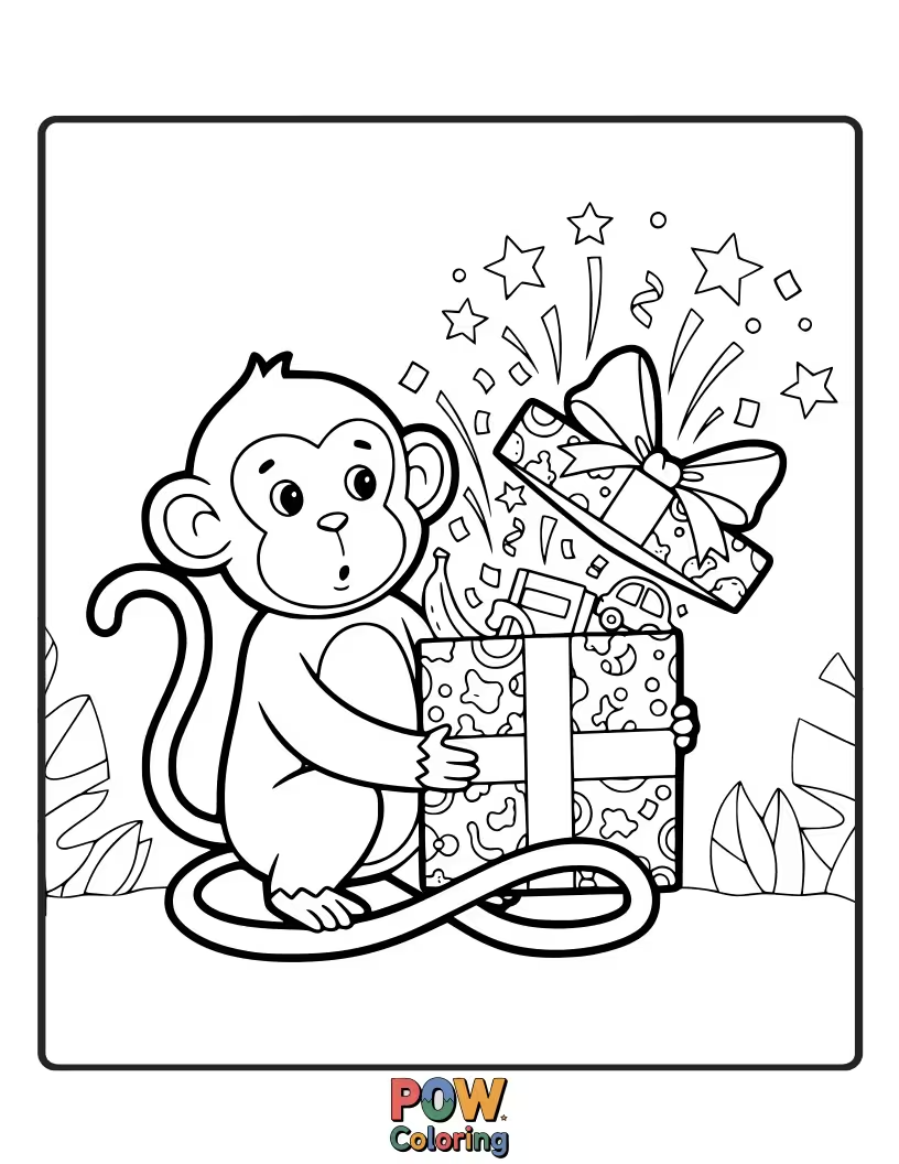 Free coloring page of A monkey peeks out from behind a giant, unopened gift box, its eyes wide with anticipation and mischief.
