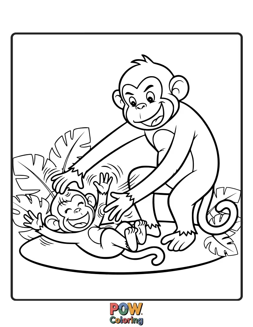 Free coloring page of A giggling monkey playfully tickles a sleepy lion, creating a funny and unexpected scene of animal interaction.