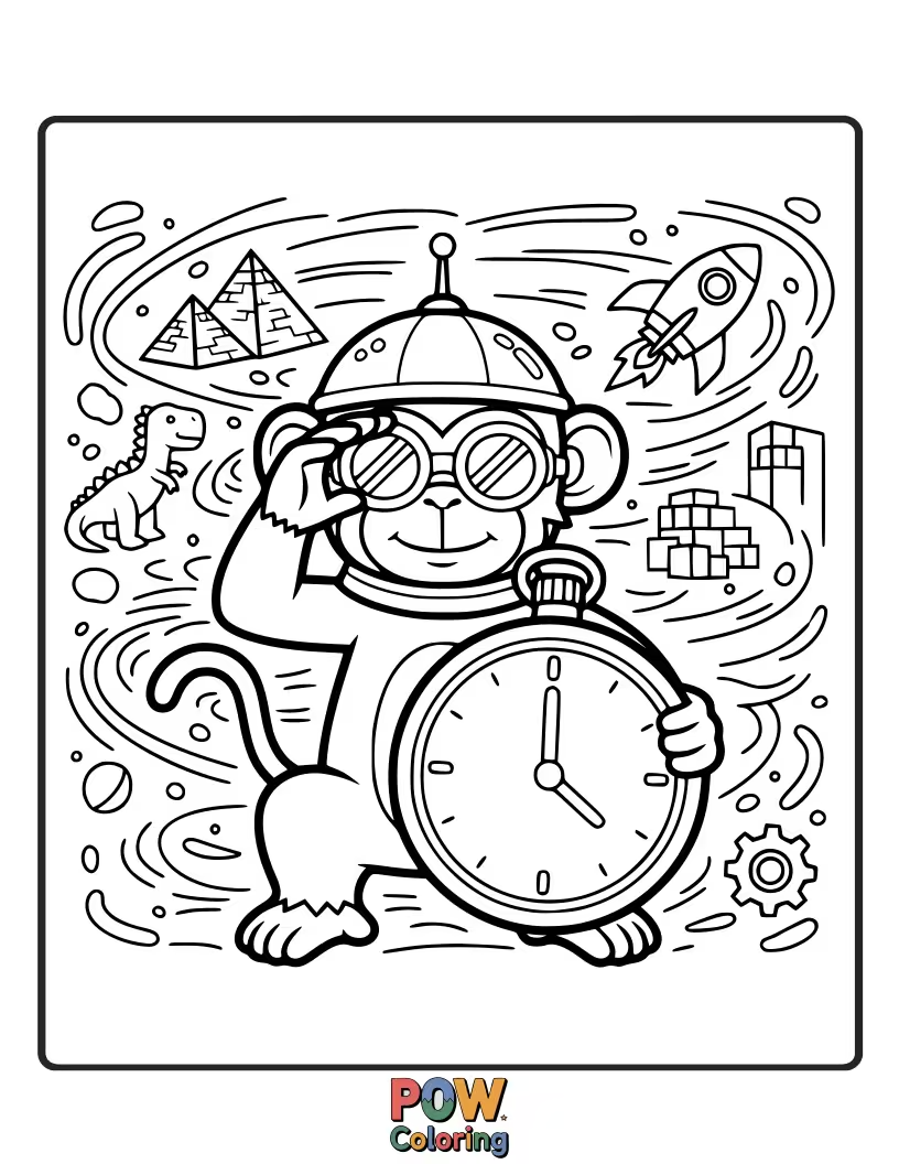 Free coloring page of A curious monkey peers through a swirling vortex, ready to embark on an exciting journey through time.